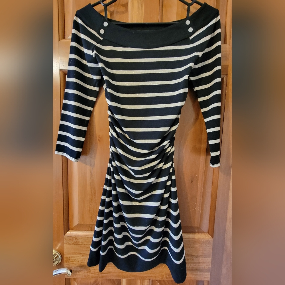 NWT White House Black Market Black & Gold Boatneck Striped 3/4 Sleeve Dress Sz S